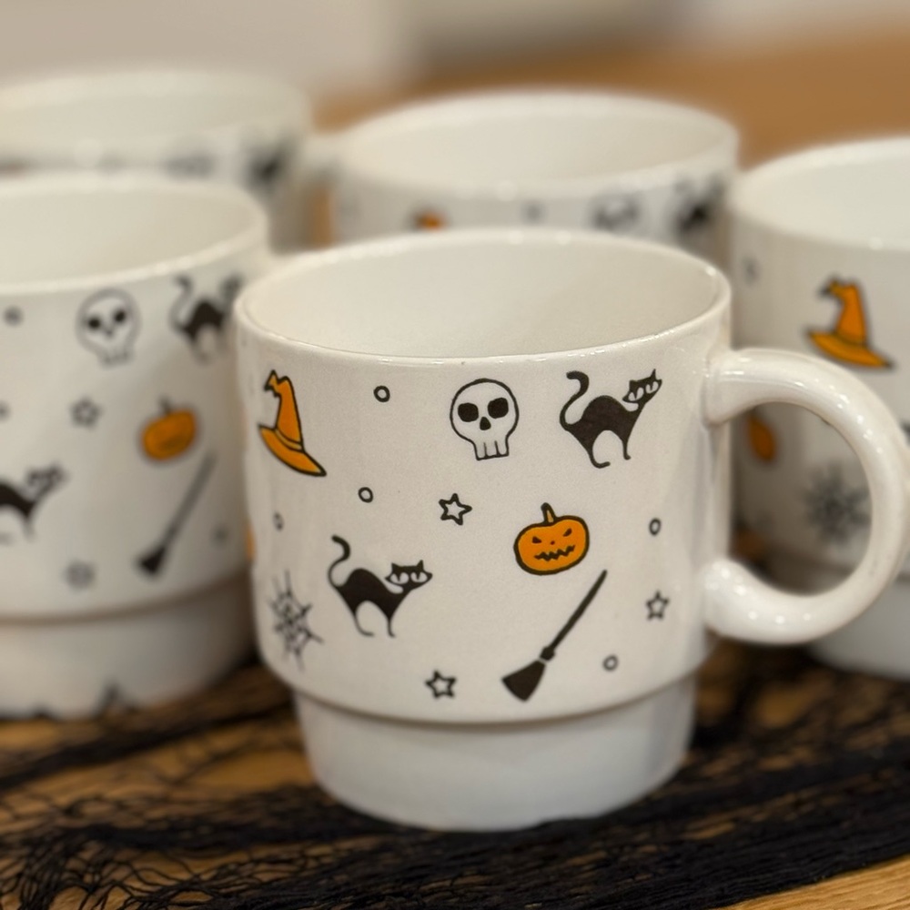Halloween Themed Ceramic Mug Set - White and Orange autumn - Picture 2 of 4